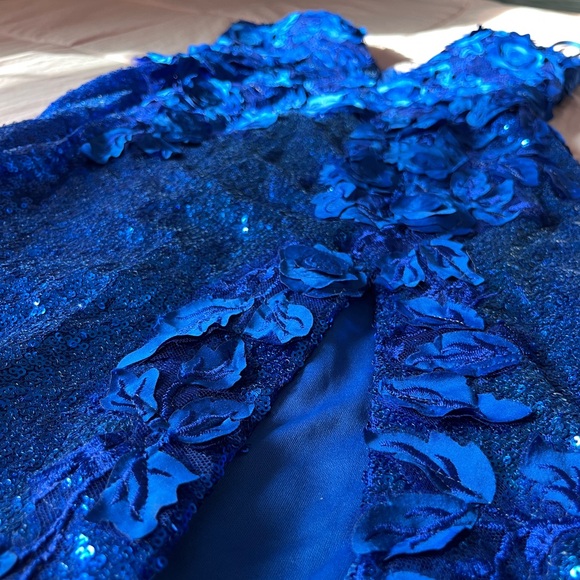 Blue Sequened Prom Dress, Floral Top, Open Back, Left Leg Slit - Picture 11 of 11